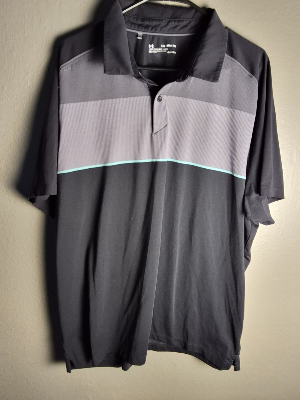 Under Armour Black Polo with Gray Chest and Teal Stripe